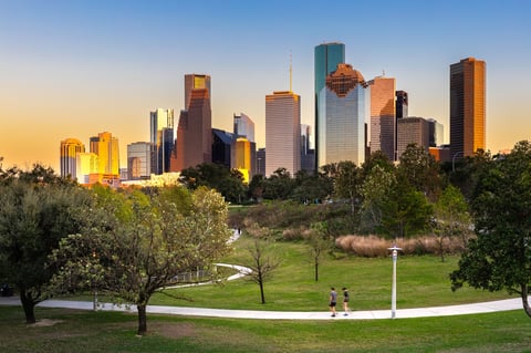 Houston downtown skyline at sunset