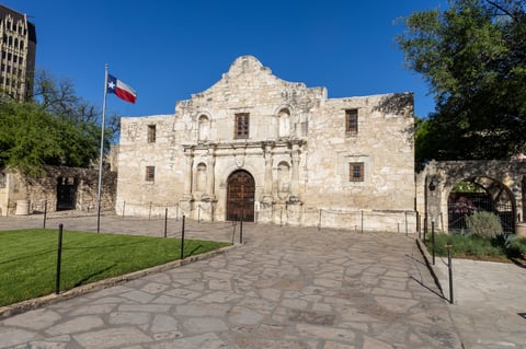 San Antonio, TX - April 6, 2025: Exterior of The Alamo in downtown San Antonio, is listed on National Register of Historic Places